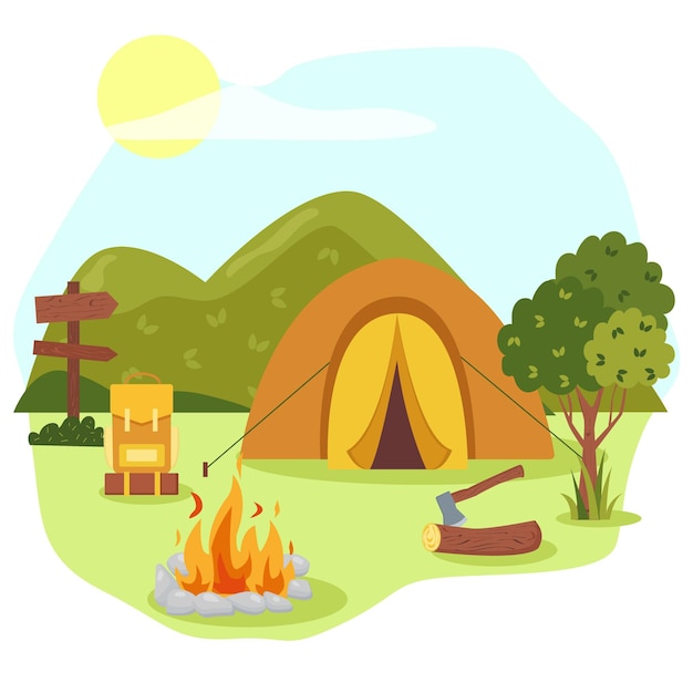 Concept de camping art de la belle tente de forêt de montagnes de paysage et d'un feu de camp