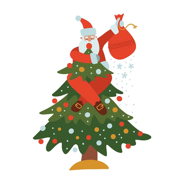 Concept de carte de voeux de Noël père noël portant un sac rouge et grimpant sur l'arbre de noël avec dec...