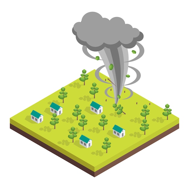Concept de catastrophe naturelle vue isométrique 3d incluant l'illustration du vecteur de tornade