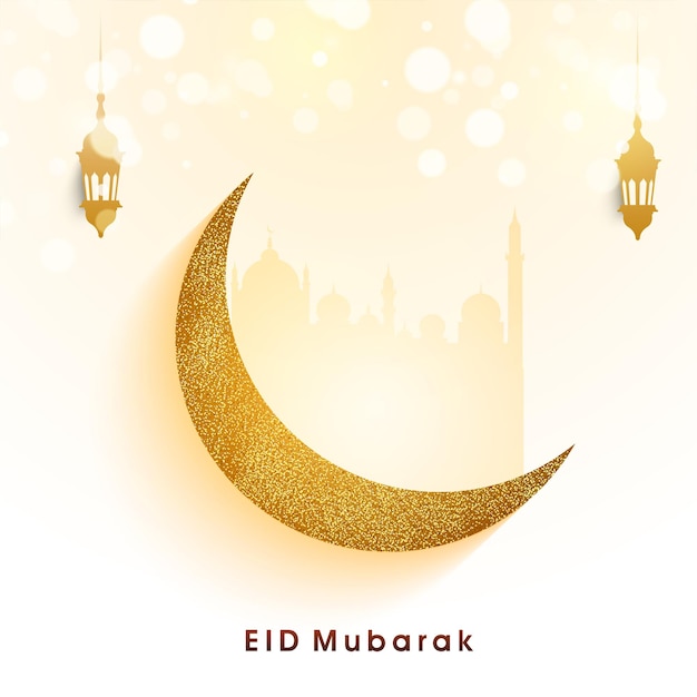 Concept De Célébration De L'aïd Moubarak Avec Croissant De Lune De Paillettes Dorées Vectorielles Et Lanternes Accrochées Sur Fond De Bokeh De Mosquée De Silhouette Brillante