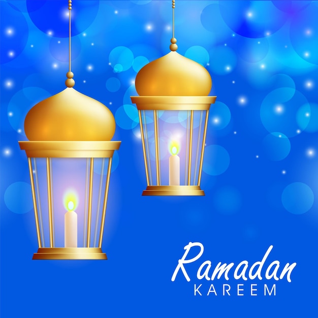 Vecteur concept de célébration du ramadan kareem avec des lanternes allumées dorées accrochées sur fond d'effet de lumières bleues bokeh