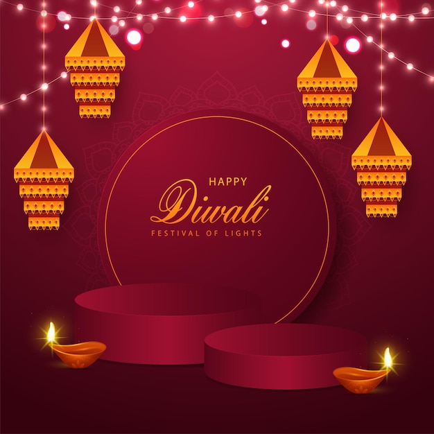 Concept de célébration Happy Diwali avec podiums Lampes à huile allumées réalistes Lanternes traditionnelles Diya Kandeel pour les publicités de produits Concept de vente Diwali