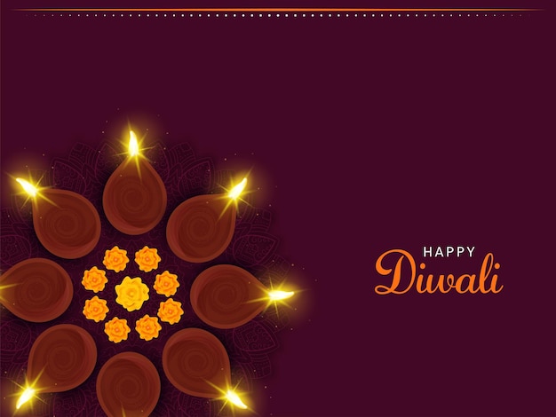 Concept De Célébration Happy Diwali Avec Vue De Dessus De Lampes à Huile Réalistes Diya Et Fleurs De Souci Sur Rangoli Sur Fond Rose Foncé