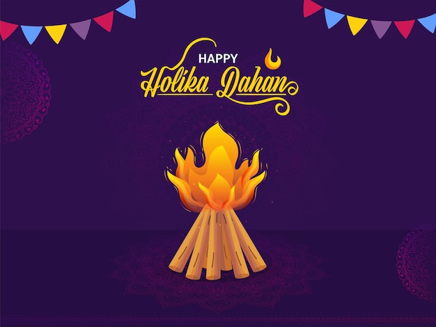 Concept de célébration Happy Holika Dahan avec illustration de feu de joie et drapeaux de banderoles décorés sur fond de mandala violet
