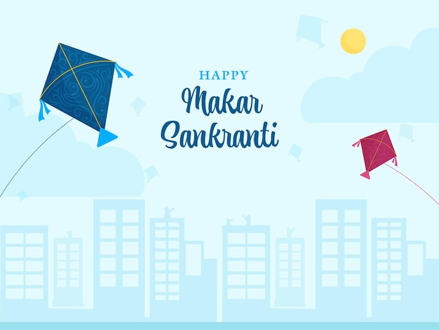 Concept de célébration heureux Makar Sankranti avec des cerfs-volants colorés volants sur fond de bâtiments bleu pastel