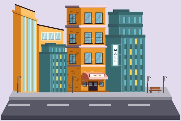 Concept de centre commercial et d'hôtels Illustration vectorielle plate colorée isolée