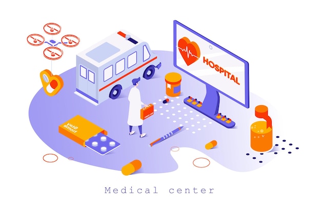 Concept De Centre Médical En Conception Isométrique 3d Le Médecin Reçoit Des Patients En Diagnostic Hospitalier