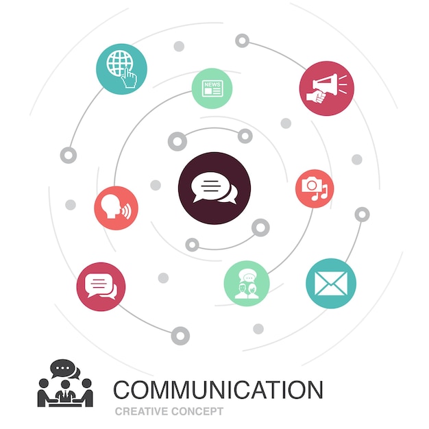 Vecteur concept de cercle coloré de communication avec des icônes simples. contient des éléments tels qu'internet, message, discussion, annonce