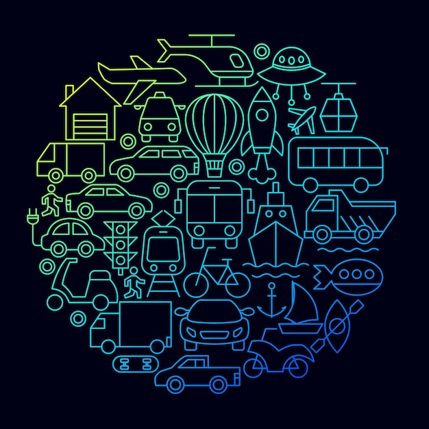 Concept De Cercle D'icône De Ligne De Transport. Illustration Vectorielle De La Conception De Contour.