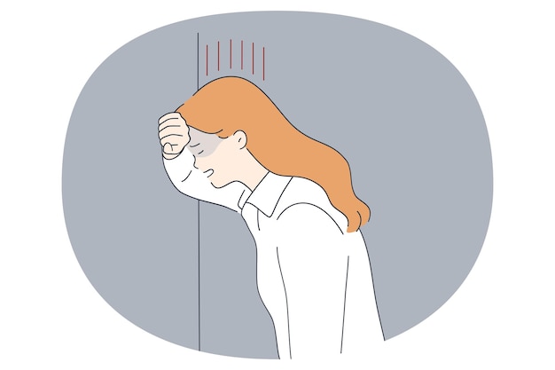 Concept de chagrin et de malheur de la dépression Jeune femme malheureuse triste debout pleurant poussant face au mur se sentant déprimé illustration vectorielle