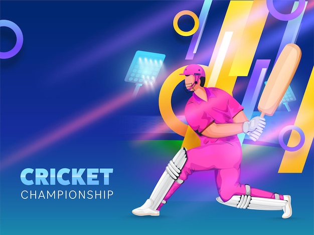 Concept De Championnat De Cricket Avec Batteur De Dessin Animé En Posant La Pose Sur Fond Abstrait Brillant.