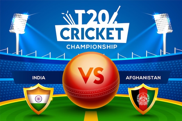 Concept De Championnat De Cricket T20 Inde Vs Afghanistan En-tête Ou Bannière De Match Avec Balle De Cricket Sur Fond De Stade.