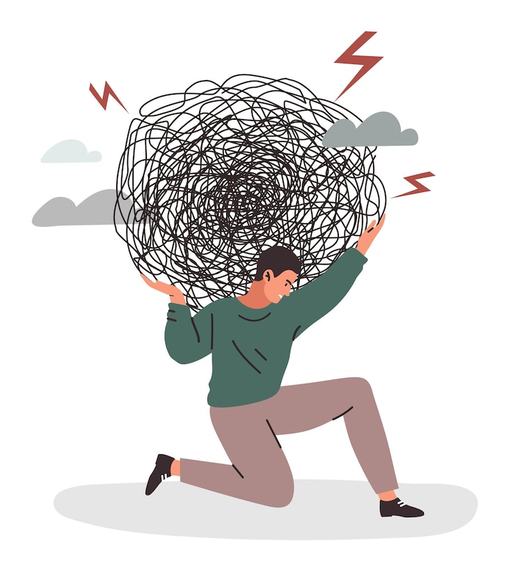 Vecteur concept de charge de stress l'homme ne supporte guère un morceau de doute difficultés de caractère réfléchies au travail et dans