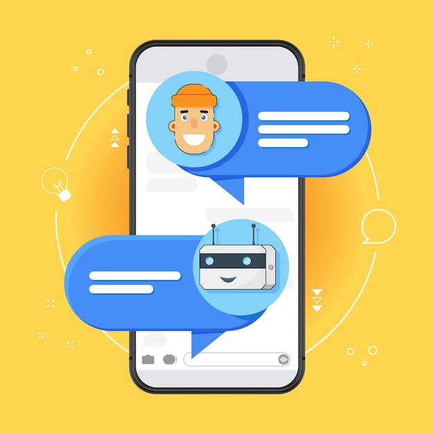 Vecteur concept de chat bot homme discutant avec chat bot sur smartphone illustration de personnage de dessin animé plat illustration vectorielle