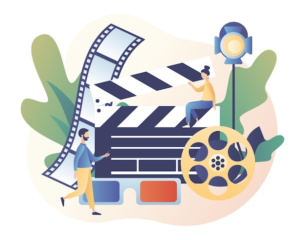Concept de cinéma en ligne Salle de cinéma mobile De minuscules personnes regardent un film avec des lunettes popcorn3d