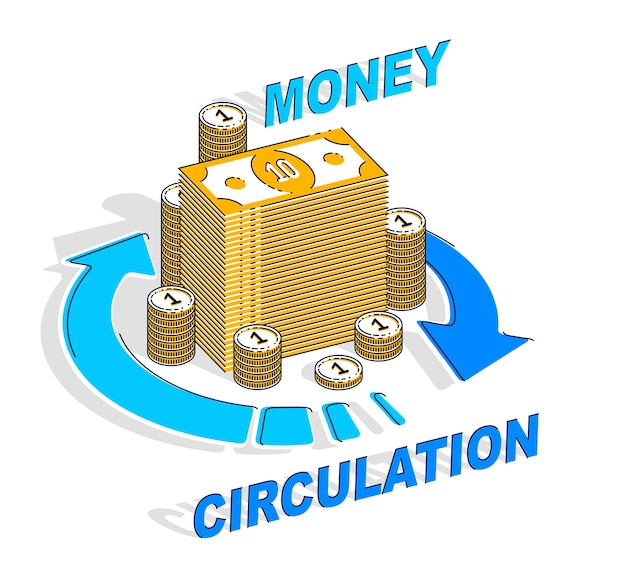 Concept de circulation de l'argent, pile d'argent comptant avec des flèches de boucle radiale autour. Vector 3d isométrique business and finance illustration, conception de fine ligne.