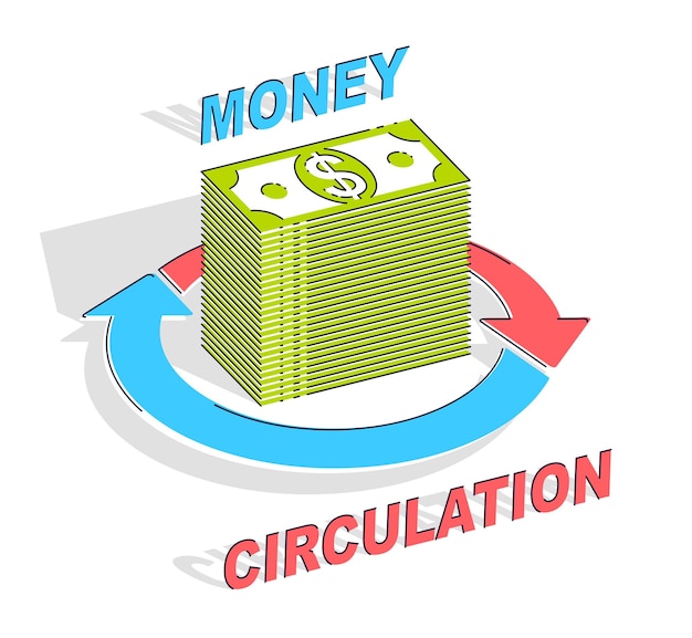 Concept de circulation de l'argent, pile d'argent comptant avec des flèches de boucle radiale autour. Vector 3d isométrique business and finance illustration, conception de fine ligne.