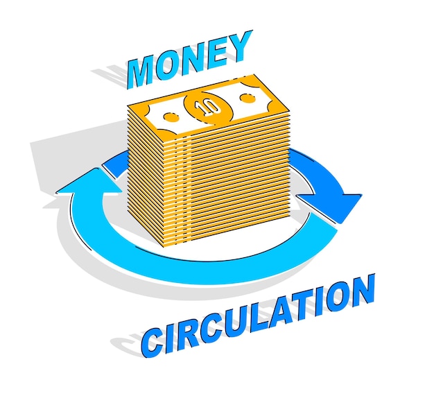 Concept de circulation de l'argent, pile d'argent comptant avec des flèches de boucle radiale autour. Vector 3d isométrique business and finance illustration, conception de fine ligne.