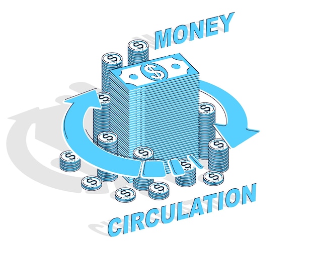 Concept de circulation de l'argent, pile d'argent comptant avec des flèches de boucle radiale autour. Vector 3d isométrique business and finance illustration, conception de fine ligne.