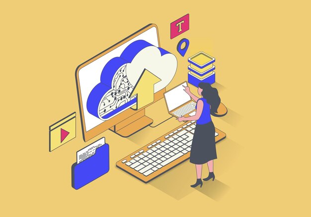 Concept de cloud computing dans la conception isométrique 3d femme travaille avec la synchronisation du traitement des données téléchargeant et téléchargeant des informations en ligne illustration vectoriel avec scène de personnes isométrie pour le graphique web