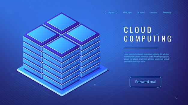 Concept De Cloud Computing De Ferme De Serveur Isométrique.