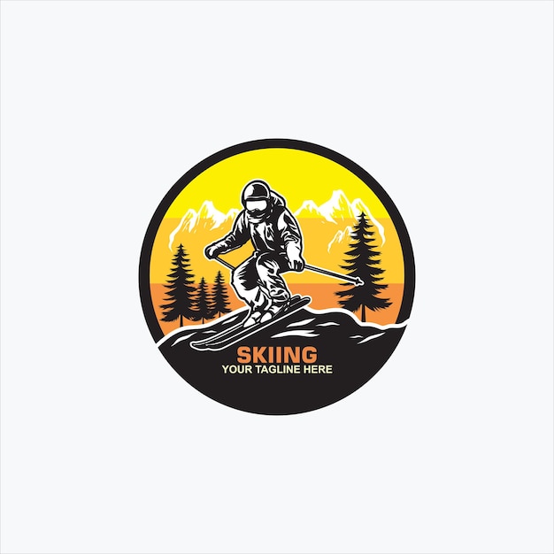 Concept De Club De Ski Avec Des Skieurs Faisant Du Ski En Descente En Haute Montagne Badge Rétro Vectoriel Du Club De Ski