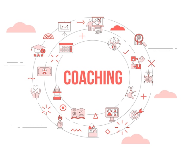 Concept De Coaching D'entreprise Avec Bannière De Modèle De Jeu D'icônes Et Forme Ronde De Cercle