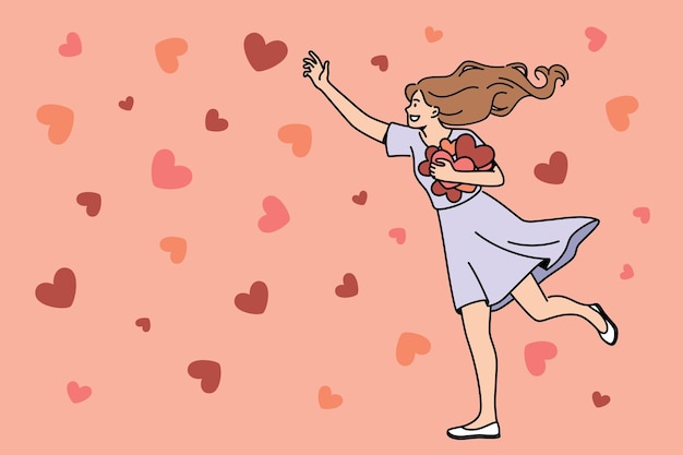 Concept de coeur, d'amour et de bonheur. Jeune femme souriante personnage de dessin animé marchant en collectant des coeurs rouges dans les mains, sentiment d'amour illustration vectorielle