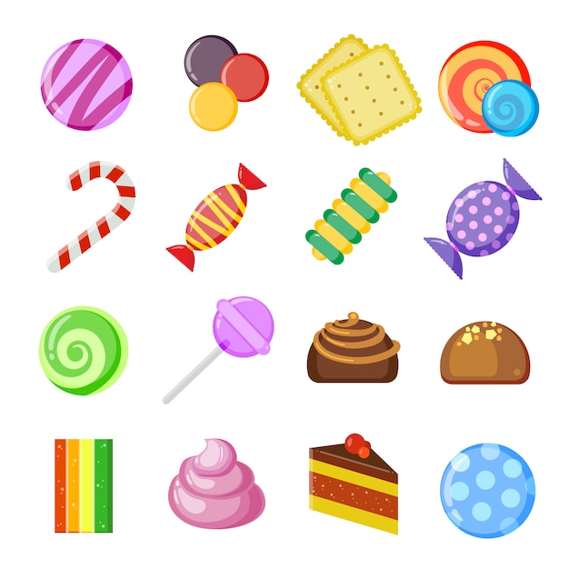 Concept De Collection De Bonbons. Sucette Colorée Et Juteuse Biscuits Bonbons Au Chocolat Et Au Caramel Vector Set De Dessin Animé