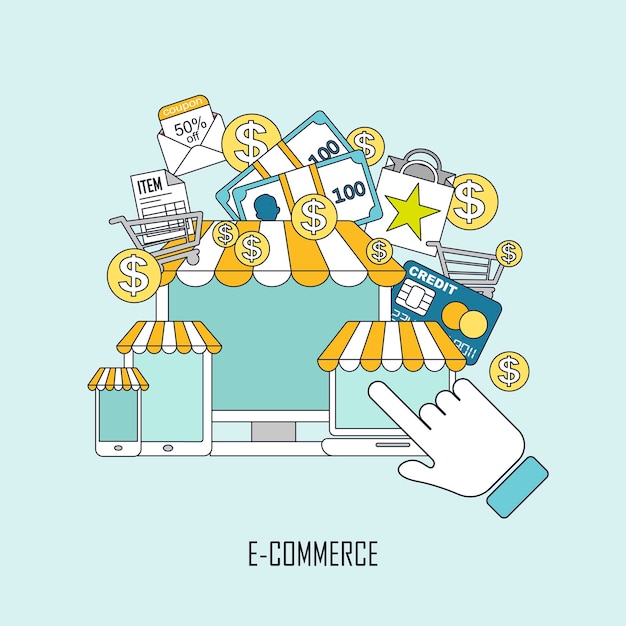 concept de commerce électronique avec des éléments de boutique en ligne dans un style de ligne fine