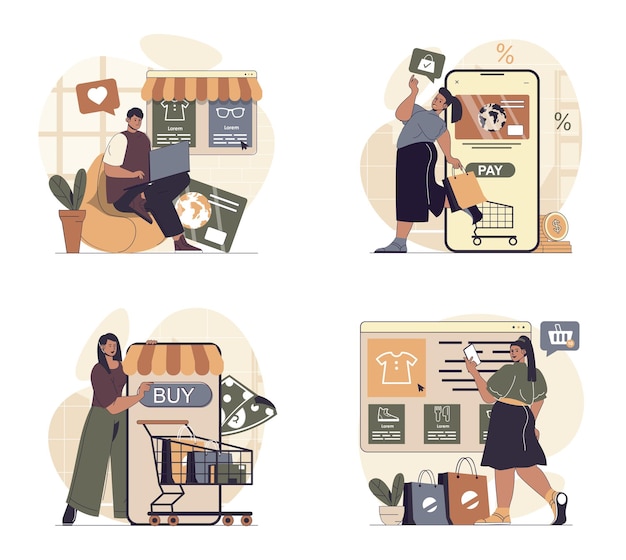 Concept de commerce mobile avec des personnages de dessins animés dans un design plat pour le web Illustration vectorielle