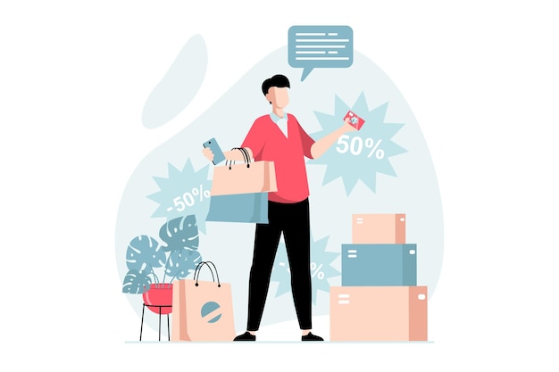 Concept de commerce mobile avec scène de personnes au design plat Homme effectuant des achats en ligne dans une boutique Internet avec des remises et commandant dans une application mobile Illustration vectorielle avec situation de caractère pour le web