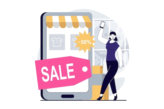 Concept de commerce mobile avec des scènes de personnes dans un design plat pour le web Femme effectuant des achats avec des prix à prix réduit dans l'application Illustration vectorielle pour le matériel de marketing de bannières de médias sociaux