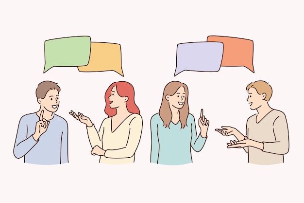 Concept De Communication, De Conversation, De Discussion Et De Discussion. Jeunes Femmes Et Hommes Debout Parlant Avec Des Bulles Sur Le Sentiment D'une Illustration Vectorielle Joyeuse