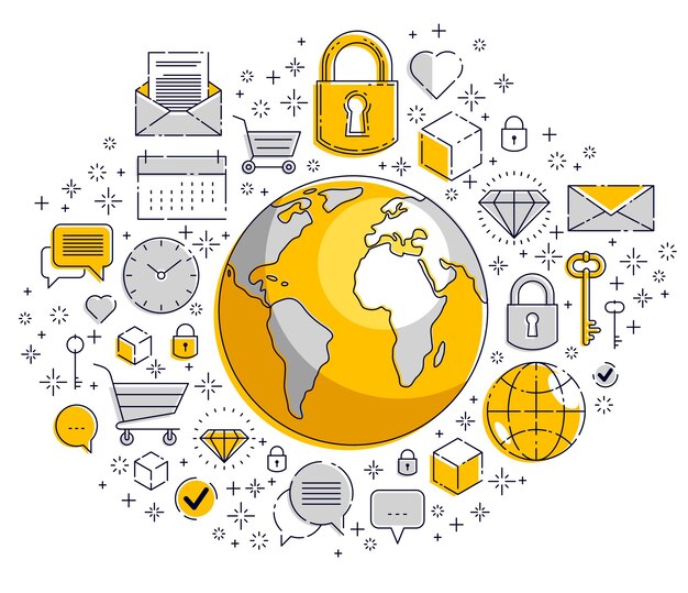 Concept de communication globale, planète terre avec différents ensembles d'icônes, données volumineuses, activité Internet, connexion au réseau mondial, image vectorielle, les éléments peuvent être utilisés séparément.