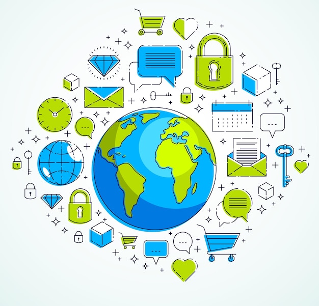 Concept de communication mondiale, planète terre avec différentes icônes, activité Internet, données volumineuses, connexion réseau mondiale, vecteur, éléments pouvant être utilisés séparément.