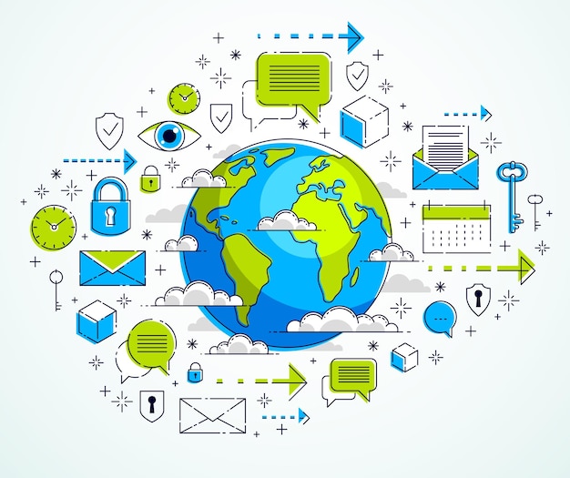 Concept De Communication Mondiale, Planète Terre Avec Différentes Icônes, Activité Internet, Données Volumineuses, Connexion Réseau Mondiale, Vecteur, éléments Pouvant être Utilisés Séparément.