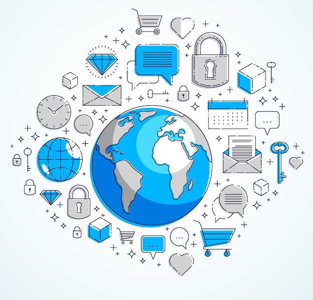 Concept de communication mondiale planète Terre avec différentes icônes définies activité Internet big data éléments vectoriels de connexion de réseau global peuvent être utilisés séparément