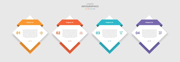 Concept de comparaison de modèle à 4 points pour l'infographie en forme de diamant sur direction horizontale avec style d'ombre de goutte avec des informations de liste à deux points