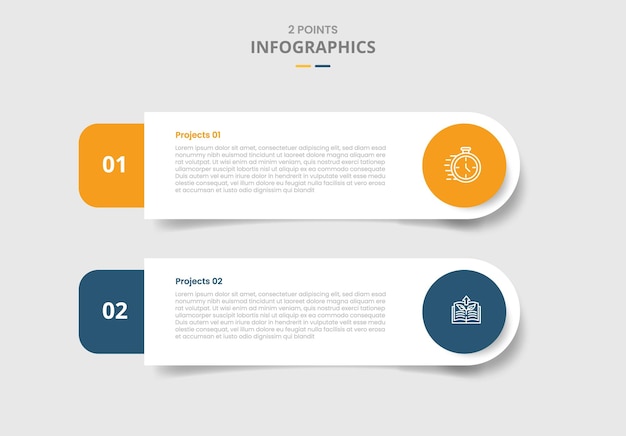 Concept de comparaison de modèle à deux points pour l'infographie avec un rectangle rond avec un badge en cercle et un style d'ombre tombante avec des informations de liste à deux points