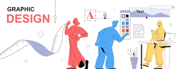 Concept de conception graphique en design de dessin animé plat pour bannière web Les gens qui font des projets créatifs et de marque travaillant avec des palettes de couleurs et dessinant des images faisant de la publicité Illustration vectorielle