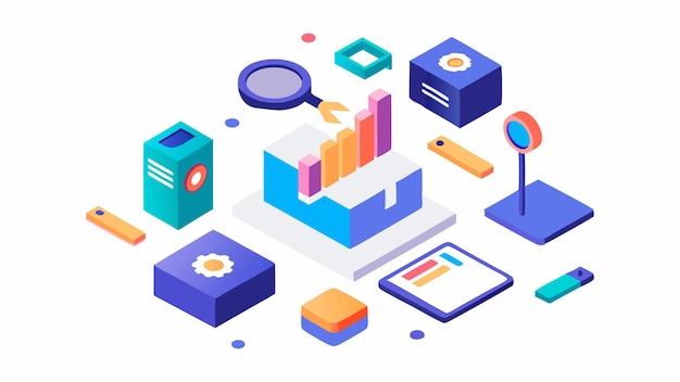 Concept de conception d'illustration isométrique Analyser les données et la recherche Optimisation SEO illustration plate