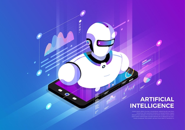 Concept de conception d'illustrations isométriques solution de technologie mobile sur le dessus avec intelligence artificielle