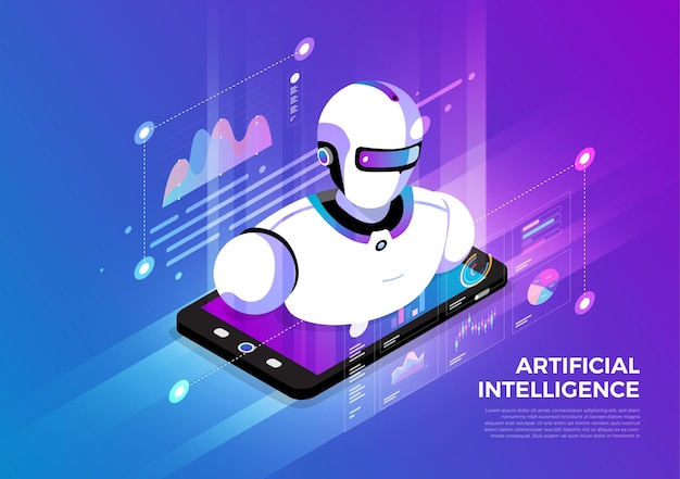 Concept De Conception D'illustrations Isométriques Solution De Technologie Mobile Sur Le Dessus Avec Intelligence Artificielle