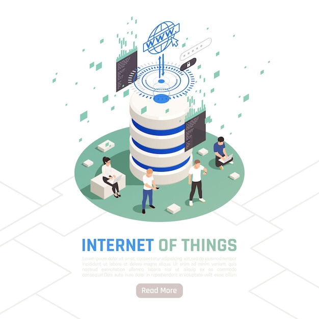 Concept de conception de l'Internet des objets avec de petits personnages humains utilisant des gadgets autour du stockage de données