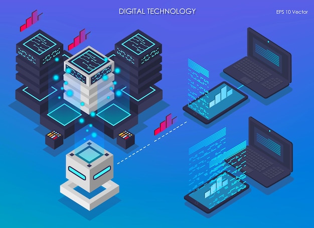 Concept de conception isométrique réalité virtuelle et développement technologies numériques centre de données isométrique traitement et stockage des informations vectorielles