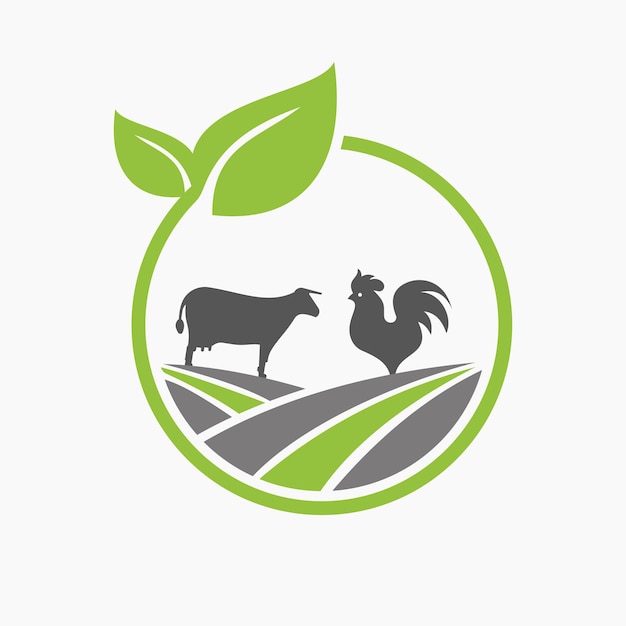 Concept De Conception De Logo Agricole Avec Icône De Vache Et De Coq Modèle De Symbole De Logo Agricole