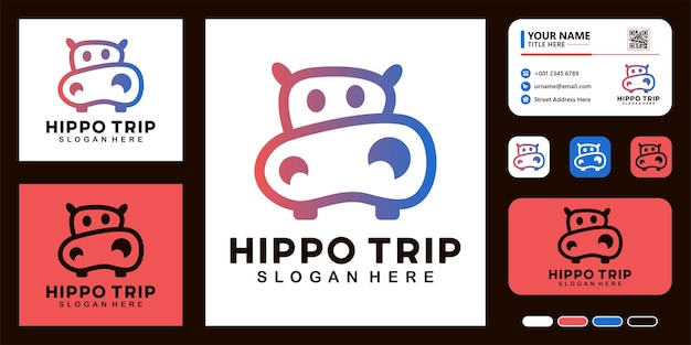 Concept De Conception De Logo De Voyage D'hippopotame Mignon Et Modèle De Carte De Visite