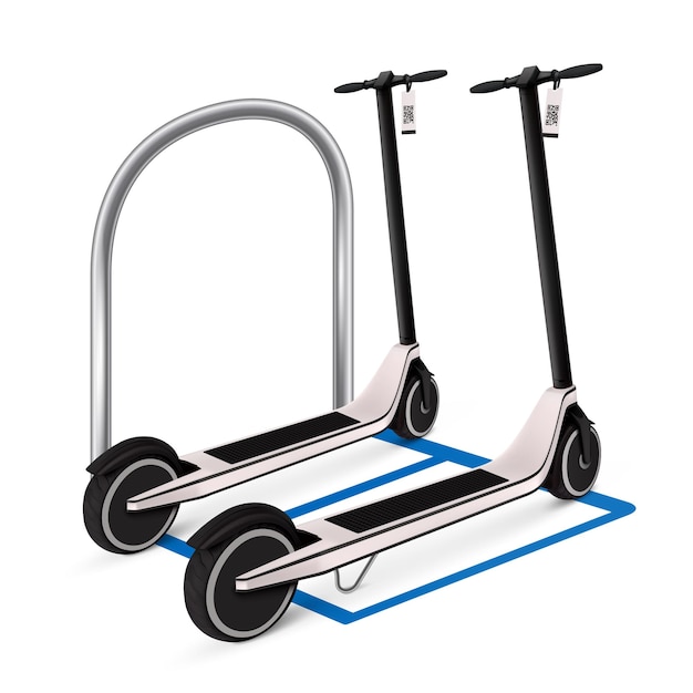 Vecteur concept de conception de véhicule de location écologique avec deux scooters électriques debout dans une illustration réaliste de stationnement marqué