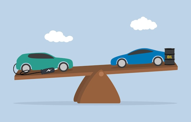 Concept de concurrence de l'industrie automobile. Comparaison entre voiture électrique et voiture de patrouille sur balançoire.